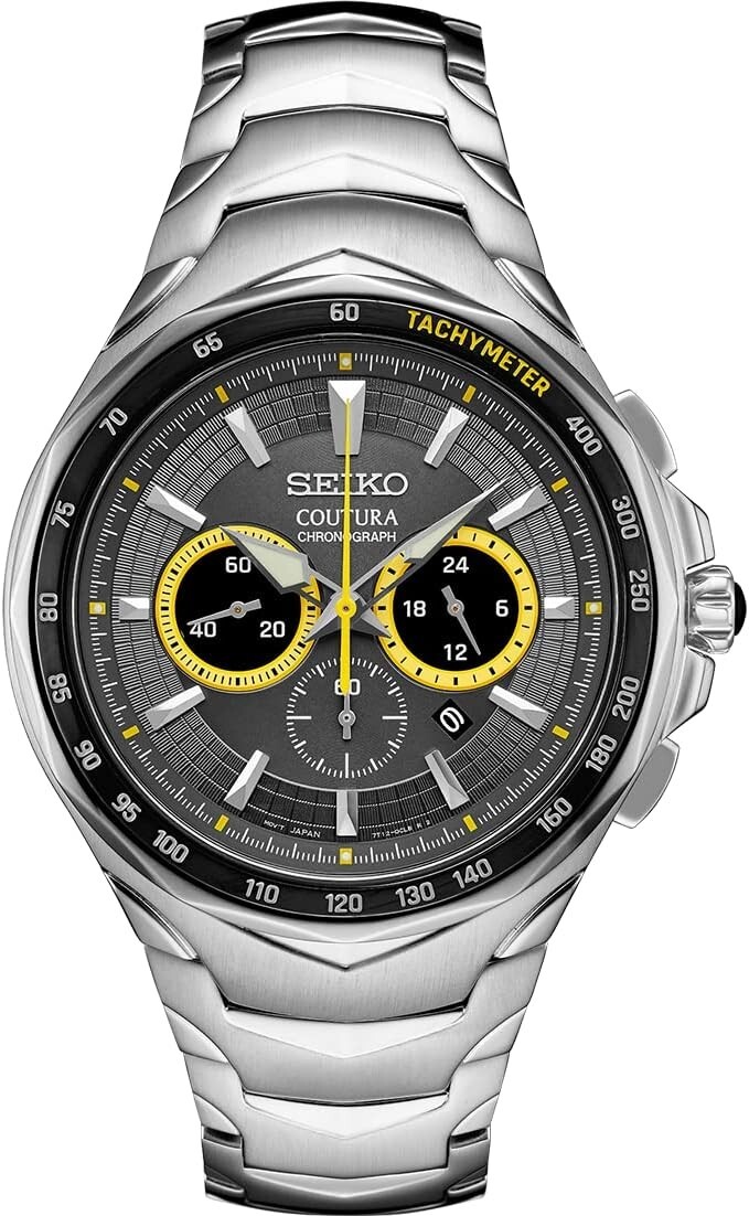 Pre-owned Seiko Coutura Chrono Gray Yellow Dial 45.6 Mm Steel Quartz Men's Watch Srwz27