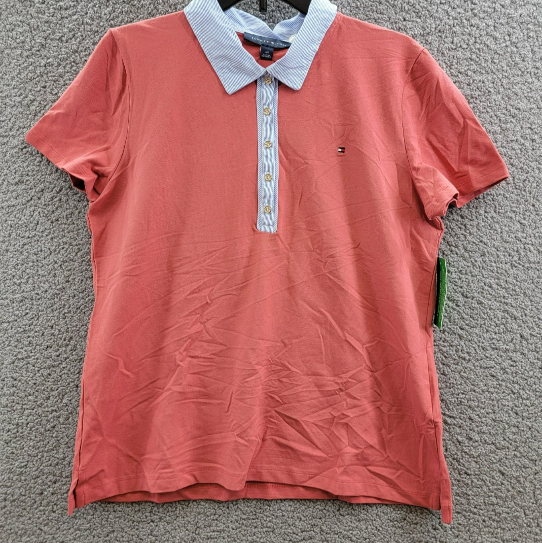 Tommy Hilfiger Striped-Collar Polo Shirt Women's L Min Red Short Sleeve Pullover - Picture 2 of 18