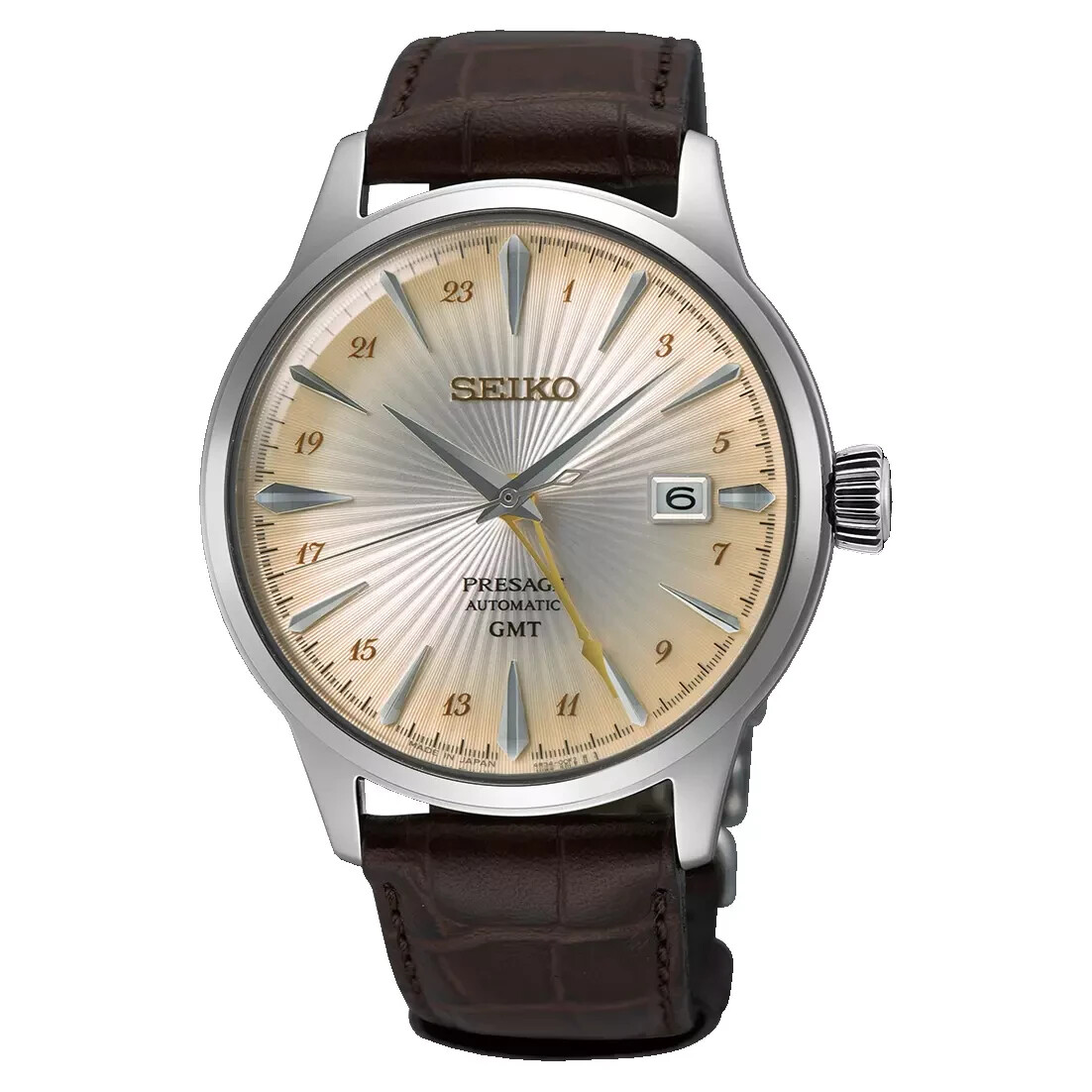 Pre-owned Seiko Mens Presage Gmt Cream Dial Cocktail Time Brown Leather Band Watch Ssk041