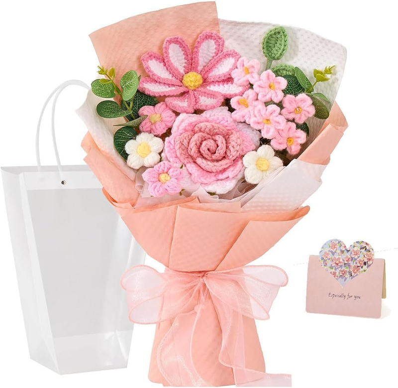 Crochet Flower Bouquet, Pink Handmade Knitted Flowers, Crochet Tulips Galsang Fl