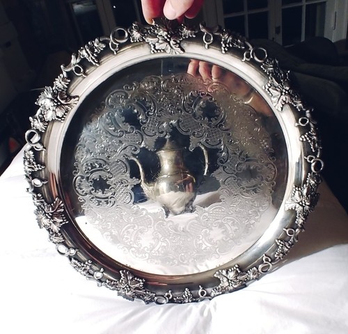 ANTIQUE W-A VICTORIAN Engraved Silver Plate Filigree Platter