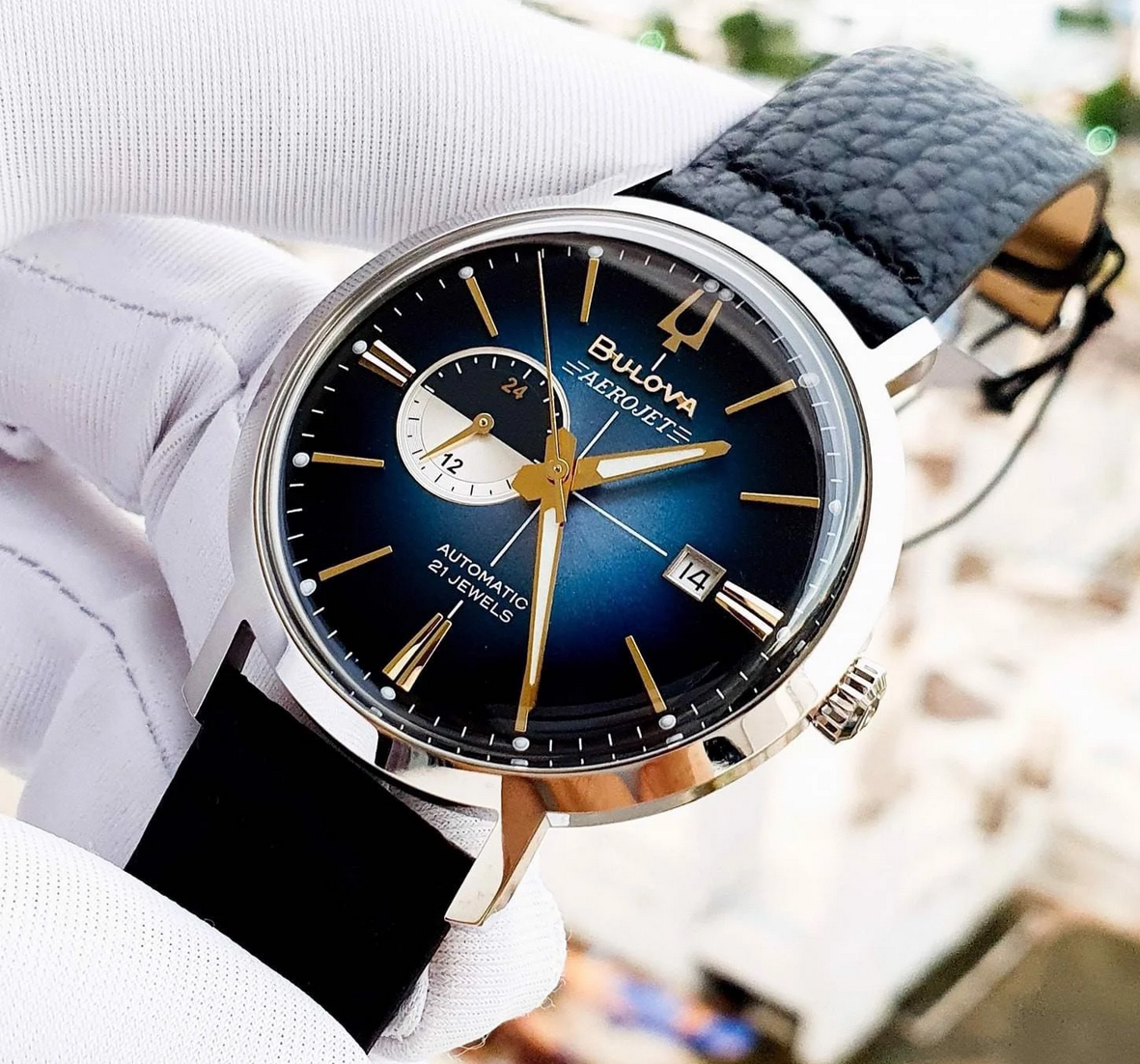Pre-owned Bulova Aerojet Automatic Men's Watch Blue Dial Leather Band 96b374