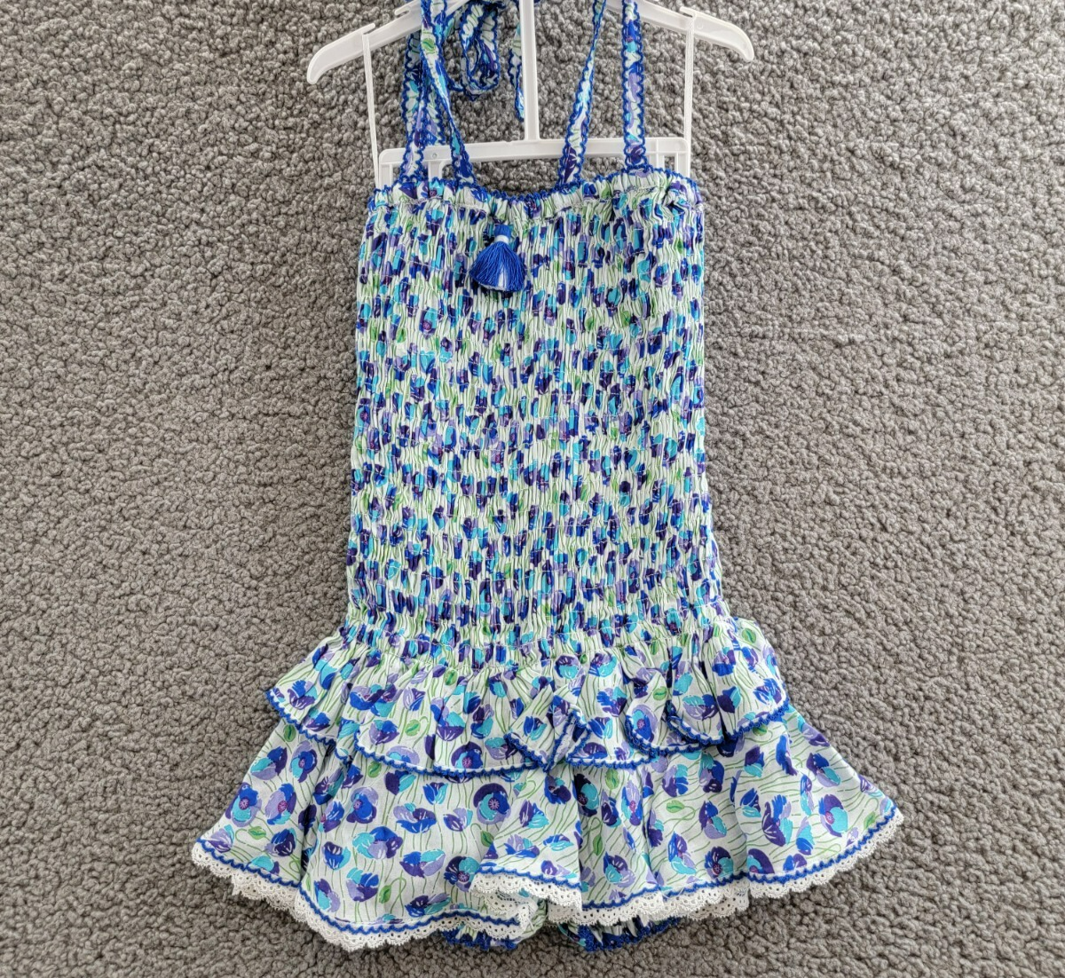 Poupette St. Barth Smocked Bandeau Dress Girls' 4 White/Blue Ruffled Tie Closure - Picture 2 of 15