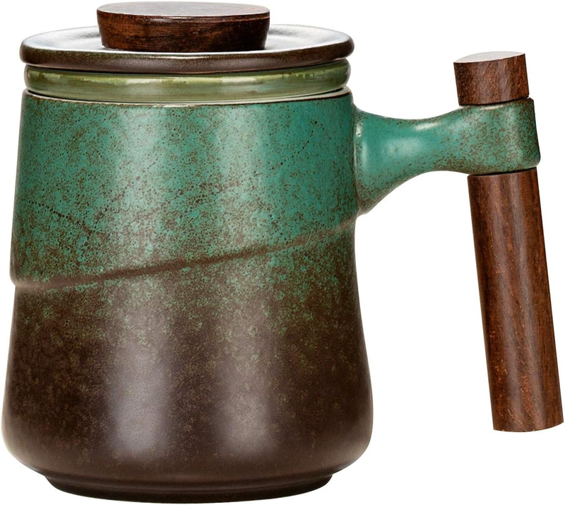 Tea Cup with Infuser and Lid 10.82Oz Tea Mug with Wood Handle Ceramic Coffee Mug