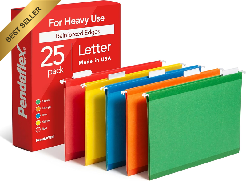 Reinforced Hanging Folders, Letter Size, Assorted Colors 1/5 Cut, Tabs and Inser