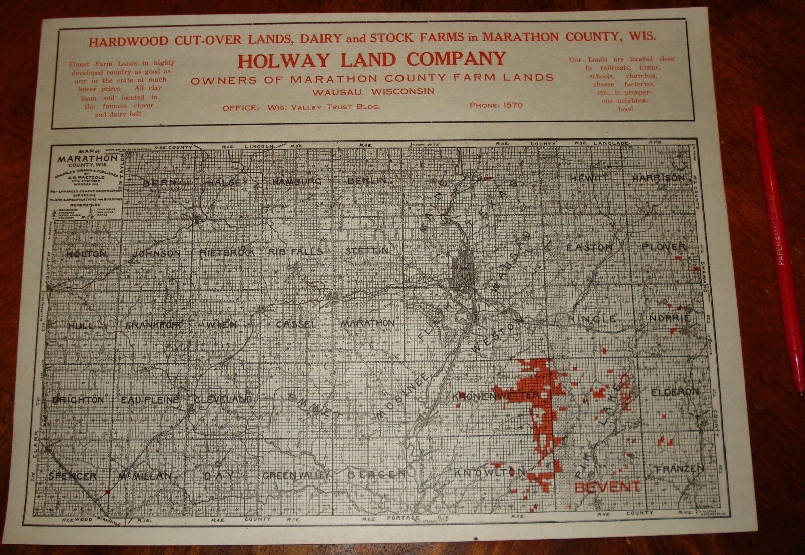 Antique Wausau WI HOLWAY LAND COMPANY Plat MAP