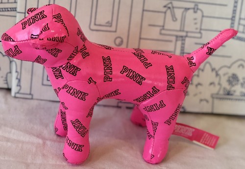 New VICTORIAS SECRET Pink Puppy Black Logo Print Vinyl Shiny DOG Plush Doll Toy