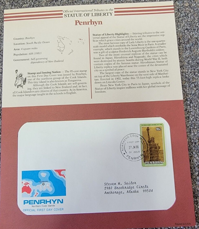 STATUE OF LIBERTY First Day Cover Stamp  Penrhyn June 27 1986