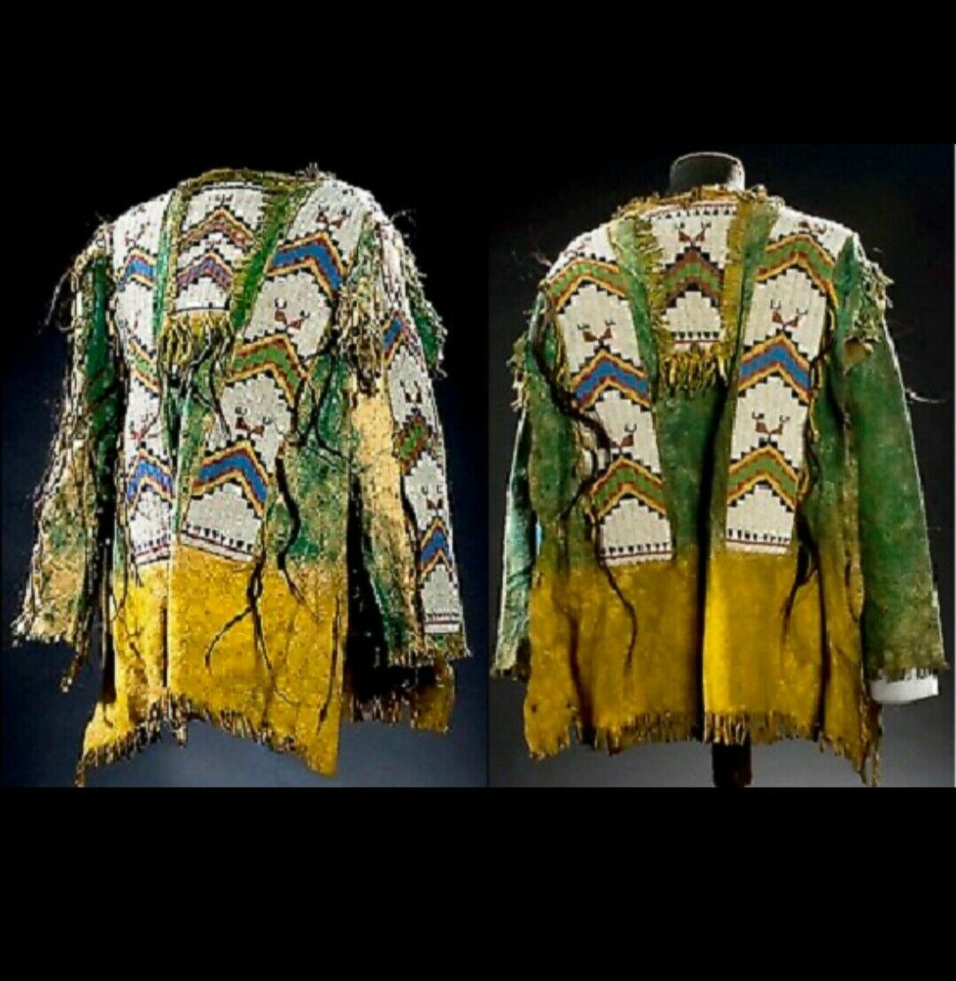 Pre-owned Handmade Old American Style Tan Suede Leather Fringes Sioux Beaded Powwow War Shirt Na400 In Tan Green Hand Colored