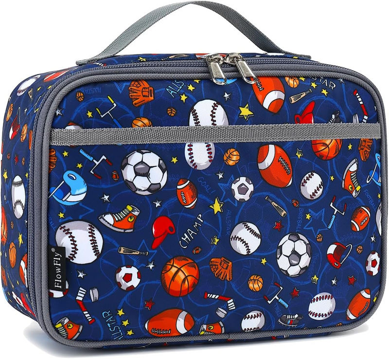 FlowFly kids lunch box: Insulated soft bag, mini cooler, football print.