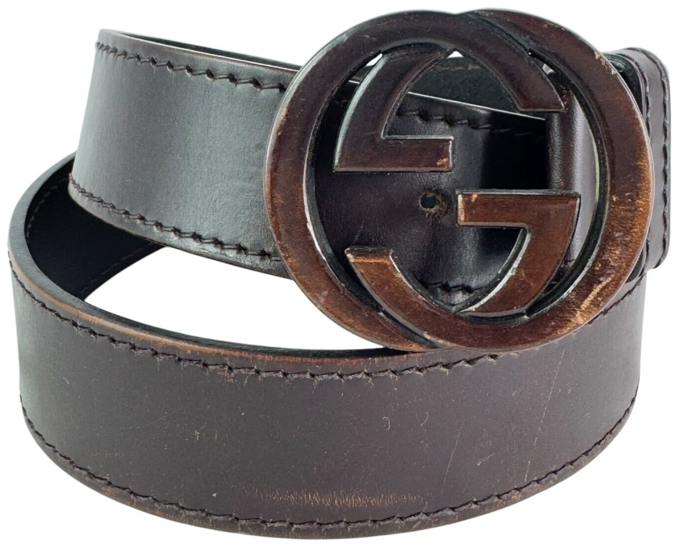 GUCCI Brown Leather GG Wood Interlocking Buckle Men's Belt