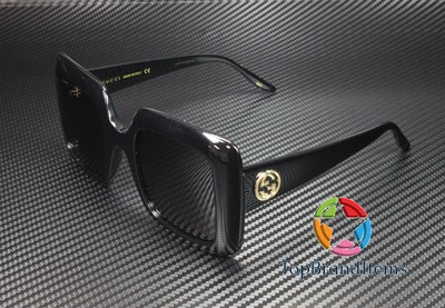 Pre-owned Gucci Gg0896s 001 Black Shiny Grey Rectangular Squared 52 Mm Women's Sunglasses In Gray