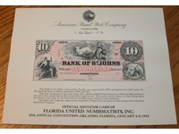 Florida SO22 Johns Bank of St 1982 ABNCo $10.00 Souvenir Card Jacksonville