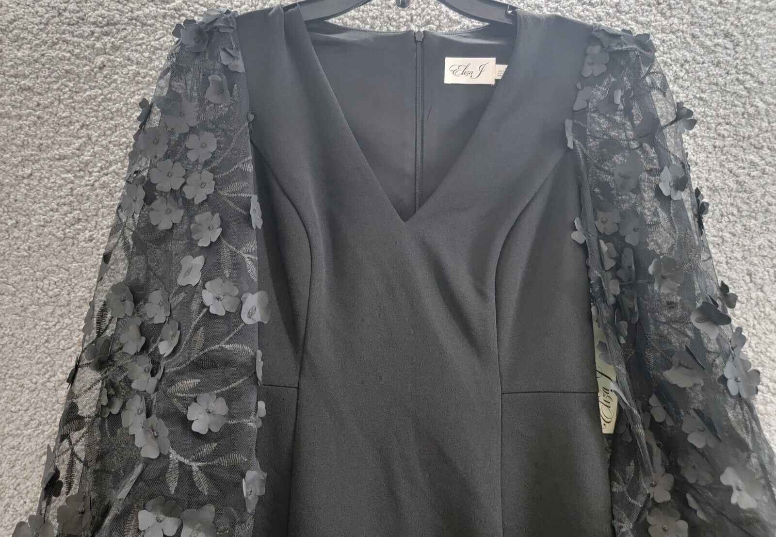 Eliza J Applique Floral-Sleeve Scuba-Crepe Dress Women's 4 Black Zip Closure - Picture 3 of 17