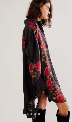 Free People Off The Vine Button Down Rose Floral Side Slit Black Combo S NWT