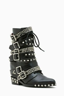 Pre-owned Jeffrey Campbell Draco Stud Hidden Wedge Pointed Embellished Moto Leather Boots In Black