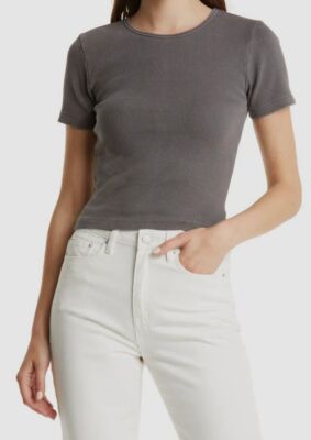 $90 Ksubi Women's Gray Rib-Knit Short Sleeve Arise Crewneck T-Shirt Top Size M