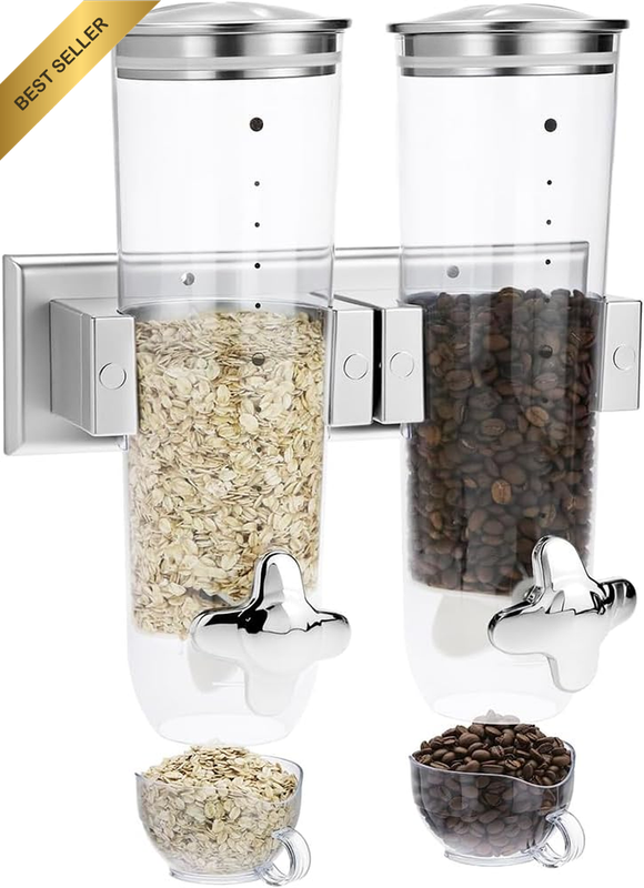 Wall-Mounted Cereal Dispenser, Two-Pack Wall-Mounted Double-Bucket Cereal Dispen