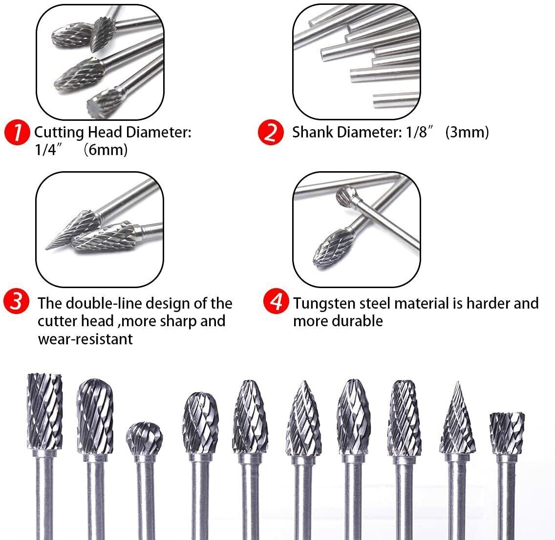 10X Tungsten Carbide Burr Bit Cutting Carving Burr 1/8" Shank Dremel Rotary Tool