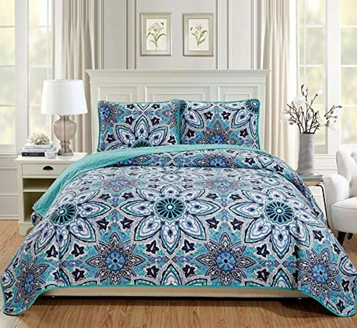 MK Home 3pc King\/California King Oversized Quilted Bedspread Coverlet Set Floral  eBay