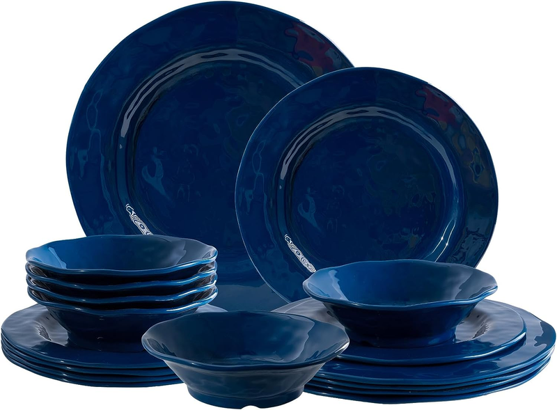 Blue Melamine Plates and Bowls Sets, Service for 6, 18 Piece Outdoor Dishes Dinn