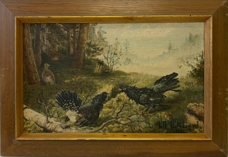 ÃLbild Jagdmaler Natur Auerhahn Im Wald 1910 Alpenlandschaft Eklund Signiert