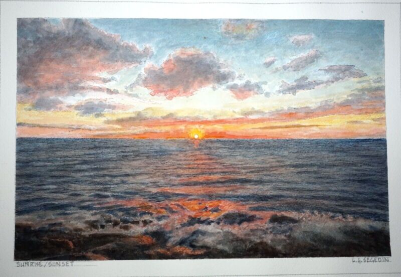 Hawaii Watercolor Painting "pacific Sunset / Sunrise" By Larry Segedin #172
