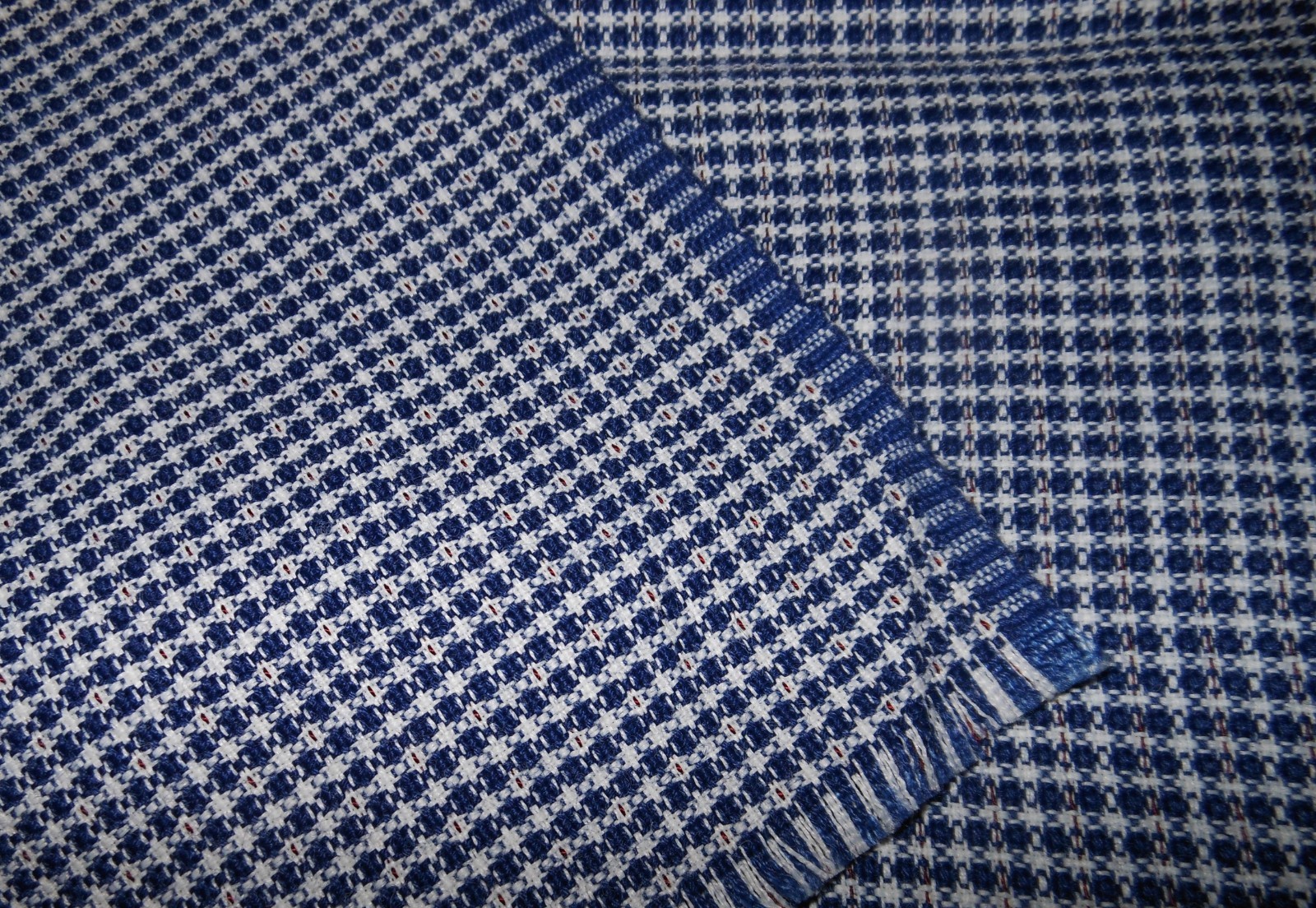 3.5+ Yds Vtg Cabin Double Woven Fabric Blue White Red Checker Gingham Tablecloth