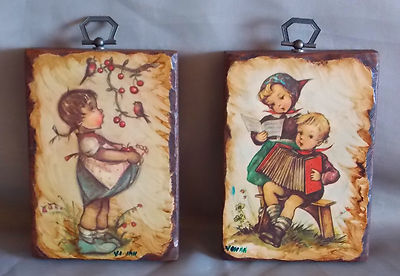 Vintage Wood Decoupage Wall Art Children Pictures Mid Century Accordian Set of 2