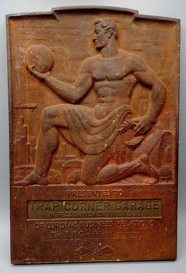 Antique Cast Iron Plaque BF GOODRICH CO Service Award Trap Corner Garage Maine