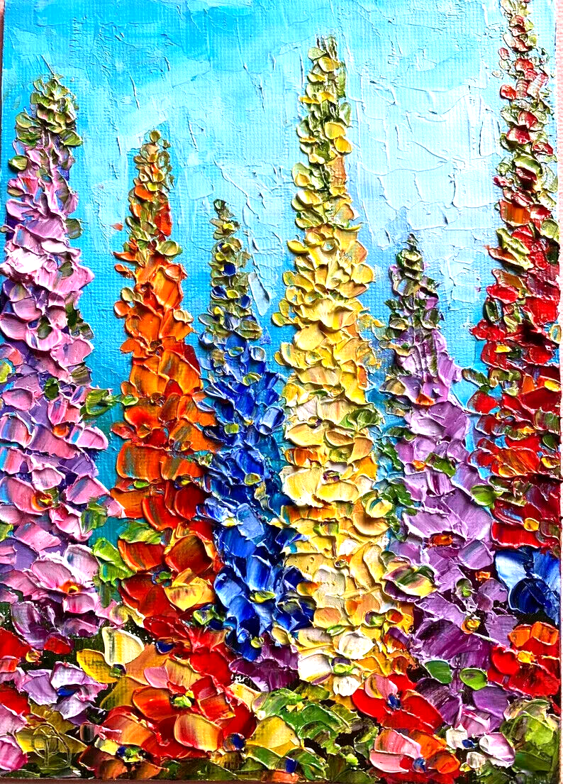 Delphinium Flowers  Original OIL Impasto PAINTING Impressionism 7"x 5"Olga Diduh