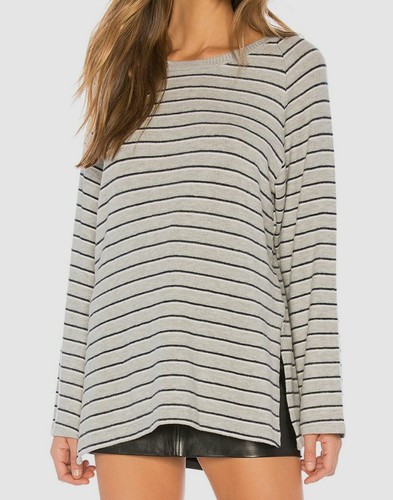 【U LAN】Hamel Ribbed Stripe U-Neck Long Sleeve $180 LNA Women's Gray Long Sleeve Crew-Neck Brushed Spell