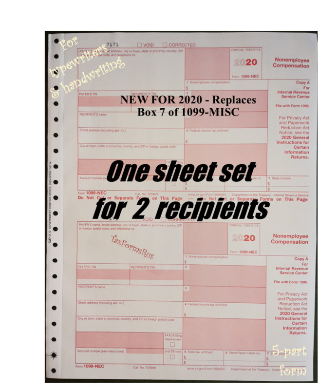 2020 Irs Tax Form 1099-nec Single Sheet Set For 2 Recipients, Carbonless 5-part