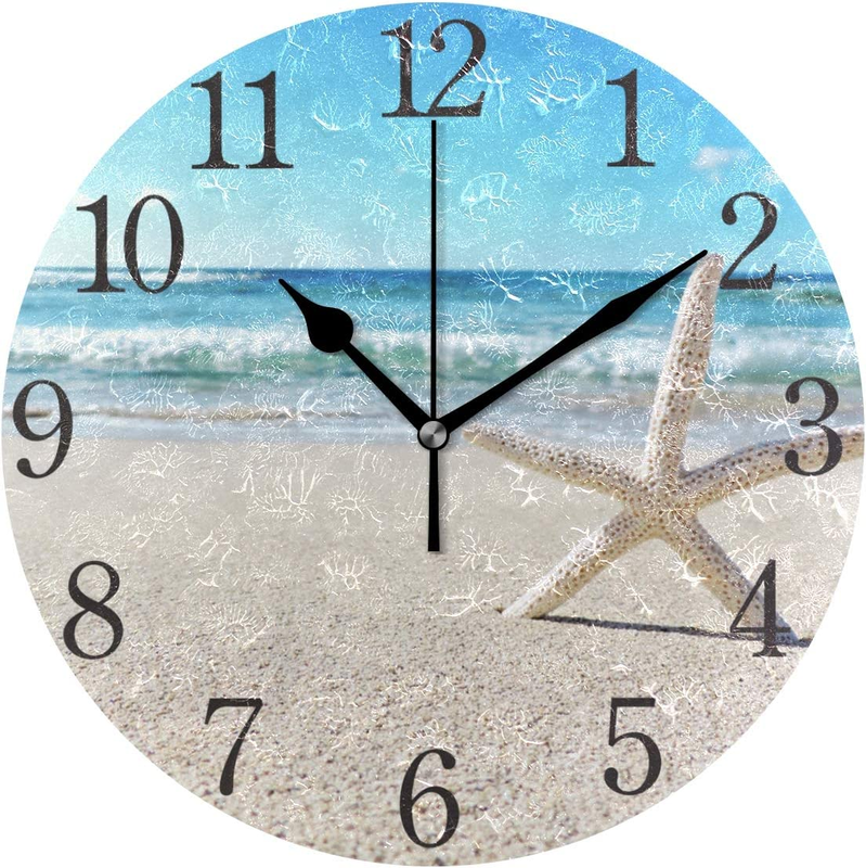 Seashell Wall Clock Arabic Numerals Design Starfish on the Beach round Wall Cloc