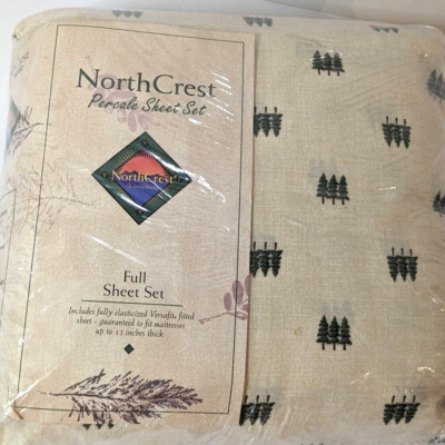 Vintage Pine Tree 4 Piece Full Sheet Set, Percale Cotton Poly, North Crest Wolf