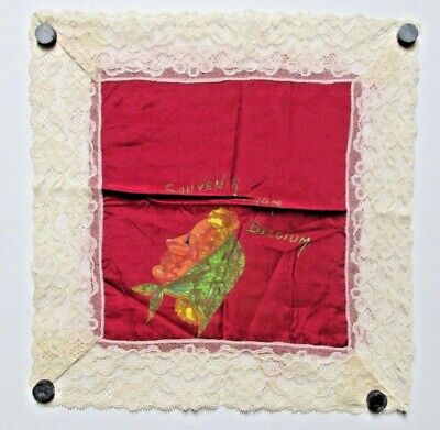 Antique Souvenir from Belgium Lace Hanky Handkerchief Doily Hand Painted Linen