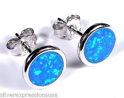 8mm Round shape Blue Fire Opal Inlay 925 Sterling silver stud post earrings 