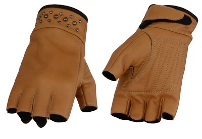 Milwaukee Leather MG7761 Women's Tan Leather Fingerless Gloves Rivet Detailing