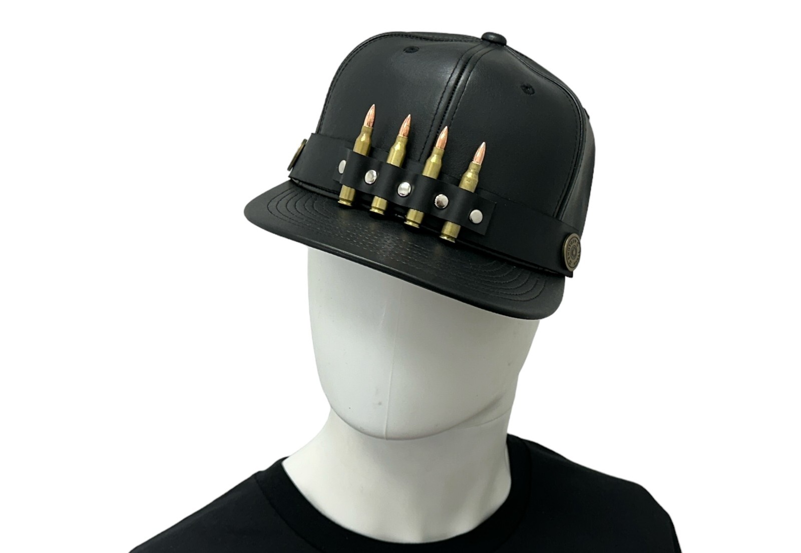 Black Leather Baseball Cap Hat 4 Brass Bullets Adjustable
