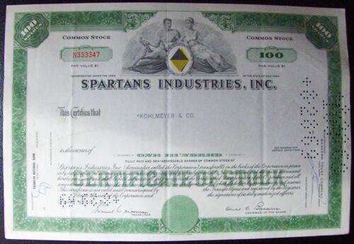 Stock certificate Spartans Industries (Korvette), Inc. Payee Kohlmeyer & Co 1969