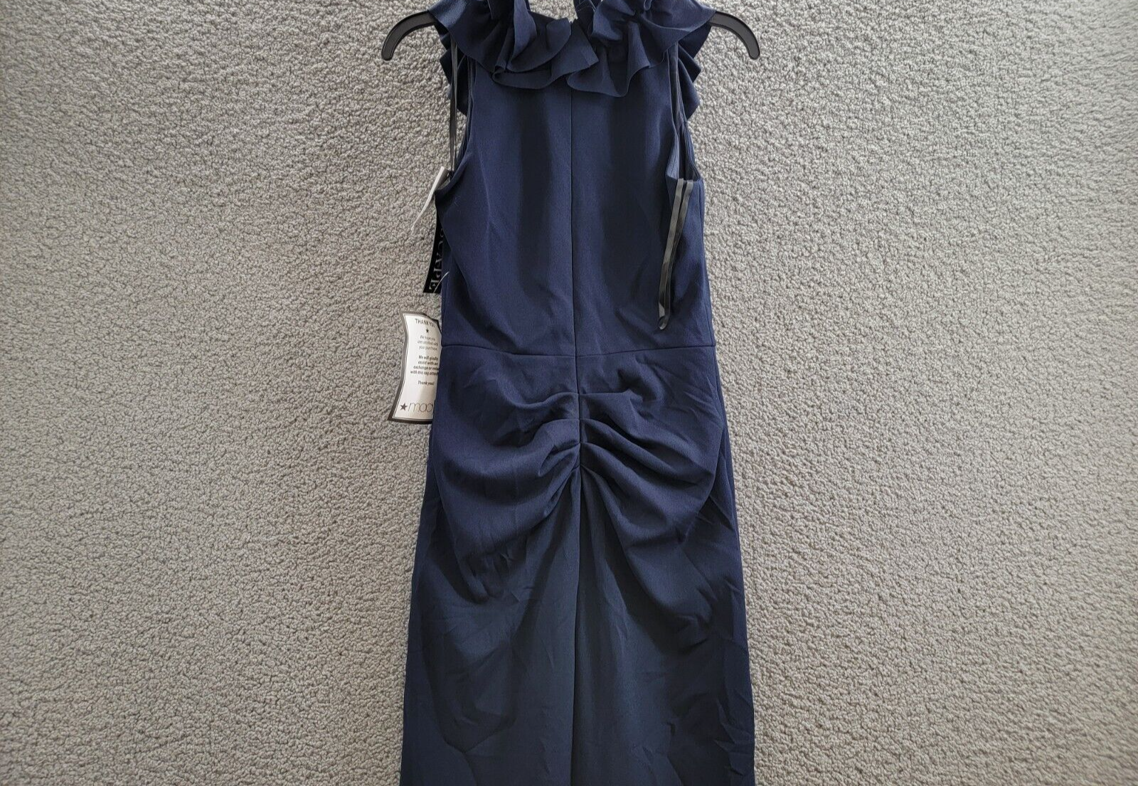 XSCAPE Ruffled-V-Neck Sleeveless Ruched Gown Women's 4 Navy Back Zip Closure - Picture 10 of 15