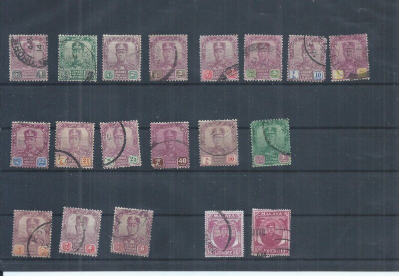 Johore stamps.  Mainly 1922 used lot. 50c is creased. (AK142)