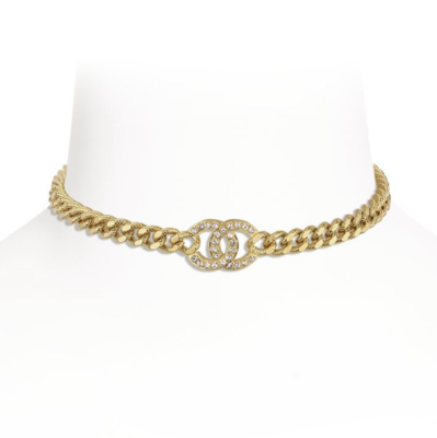 Chanel REV Gold Golden Cuban Link Chain Crystal CC Logo Choker Pendant Necklace