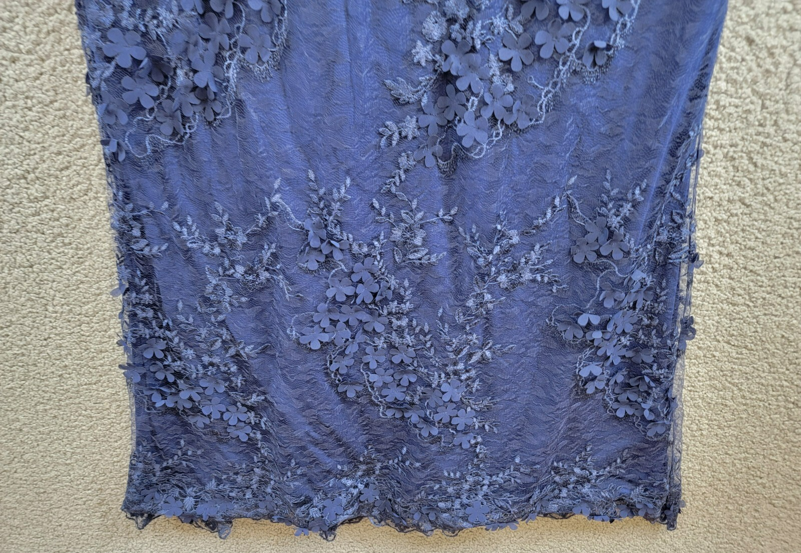 Adrianna Papell Ruffled Embroidered Mermaid Gown Women's 14 Navy 3D Floral Zip - Picture 4 of 17