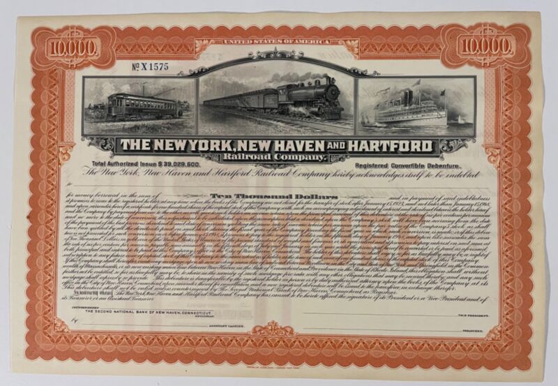 $10,000 New York New Haven & Hartford Bond Stock Certificate Triple Vignette