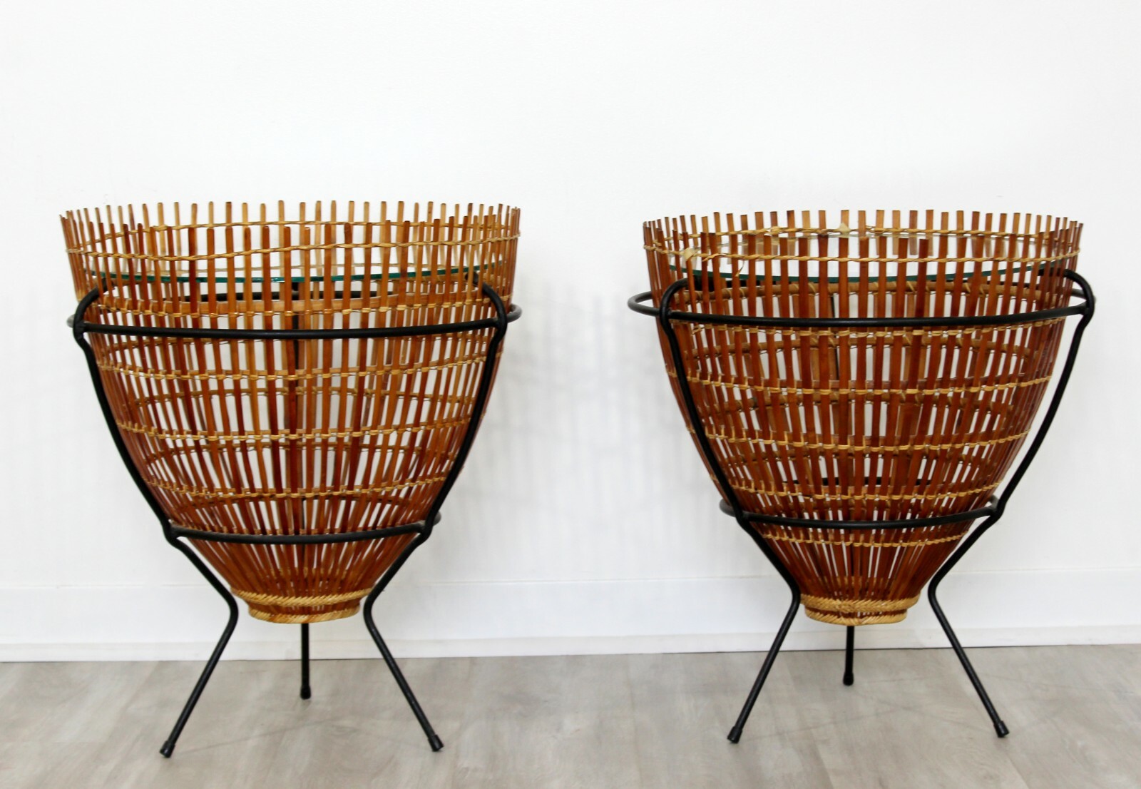 Mid Century Modern Pair of Rattan Iron Glass Side End Tables Albini Attr 1960s