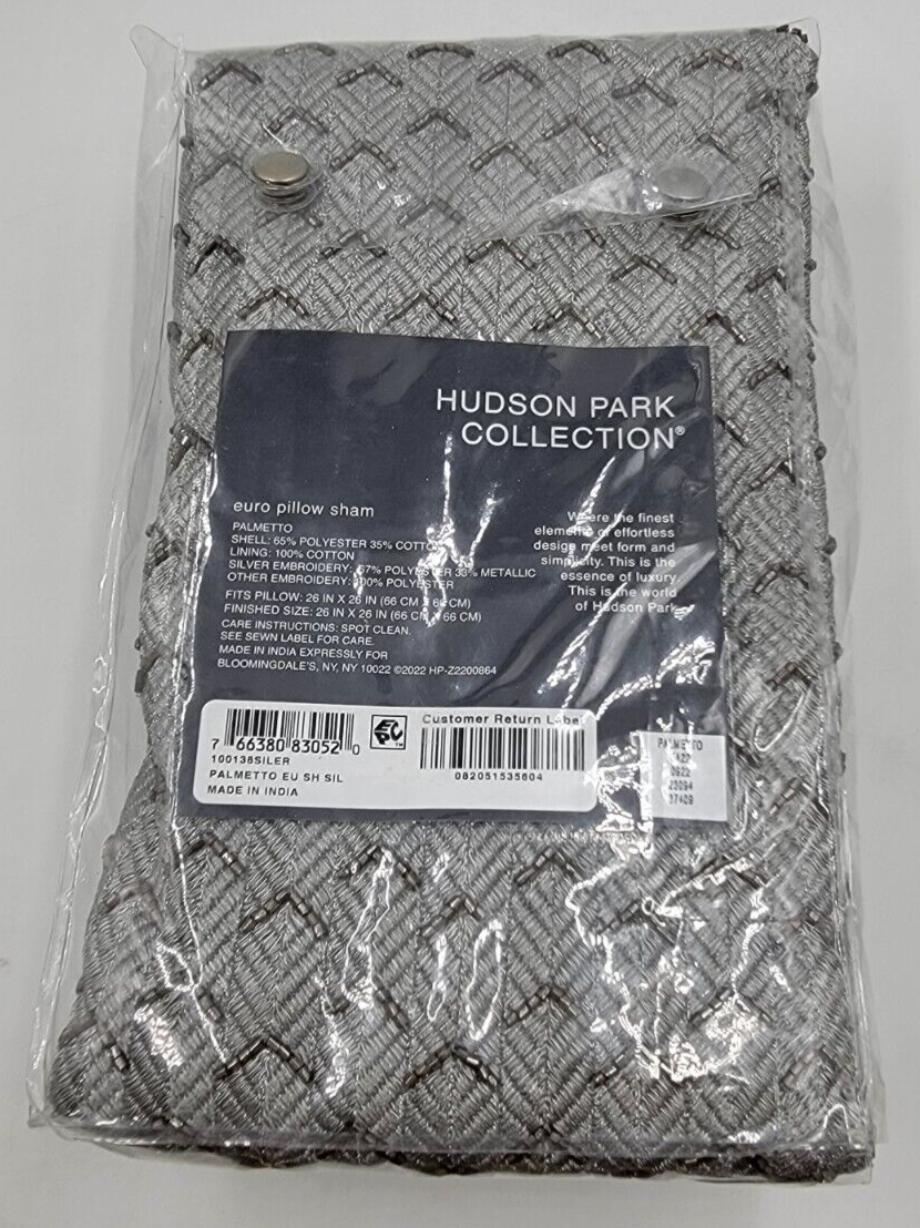 Hudson Park Collection Palmetto Cotton Silk European Pillow Sham 26x26in Silver~ - Picture 6 of 10