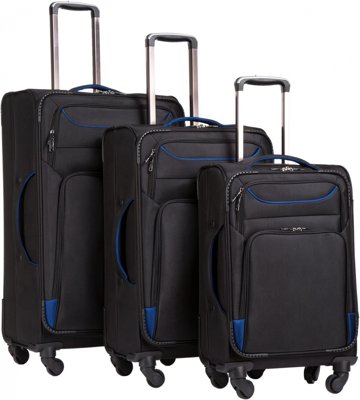 3 Piece Set Suitcase Spinner Softshell Lightweight Black+blu