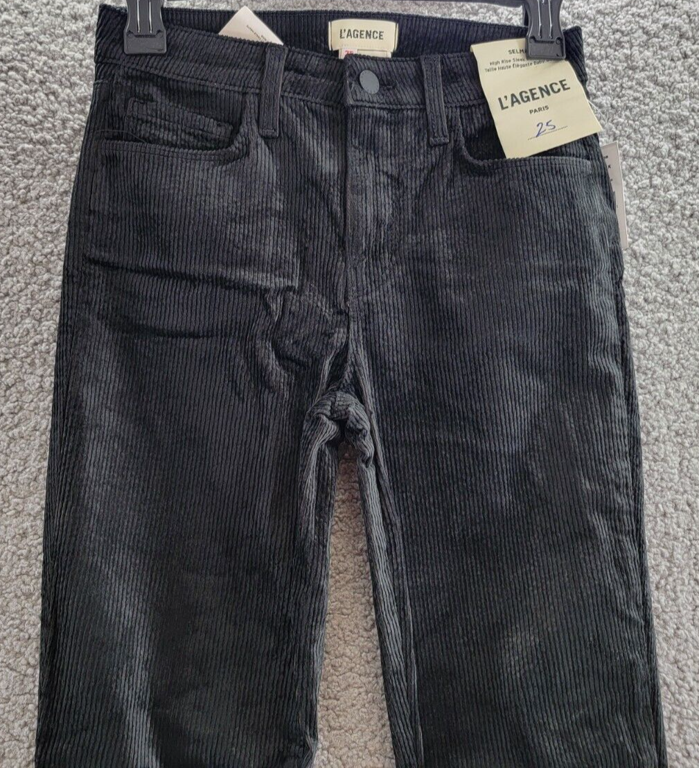 L'AGENCE Selma High Rise Baby Bootcut Corduroy Jeans Women's 25 Black Pocket Zip - Picture 3 of 17