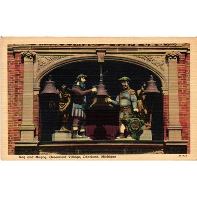 Vintage Gog and Magog Greenfield Village Dearborn Michigan Linen Postcard 2C-H22